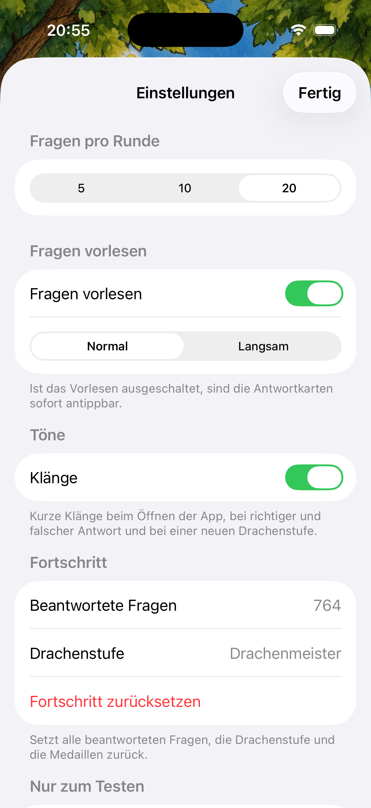 Einstellungen für 20 Fragen pro Runde